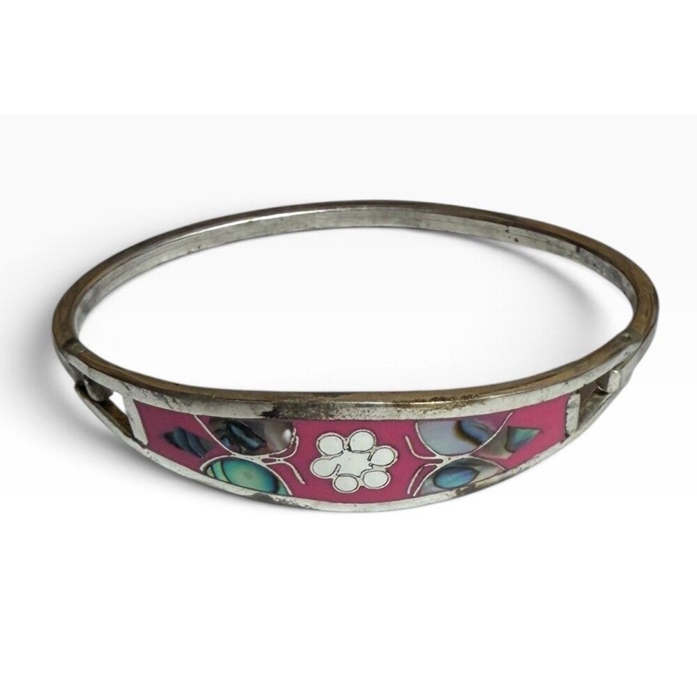 Silver Tone Bangle Bracelet Pink Enamel Flower Mother of Pearl/Abalone Inlay